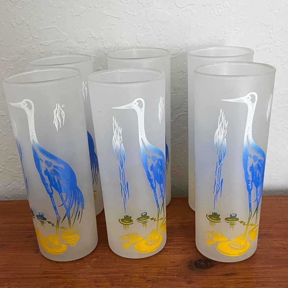MCM VTG Set of 6 Frosted Tom Collins Glasses with Blue Heron Design Beautiful